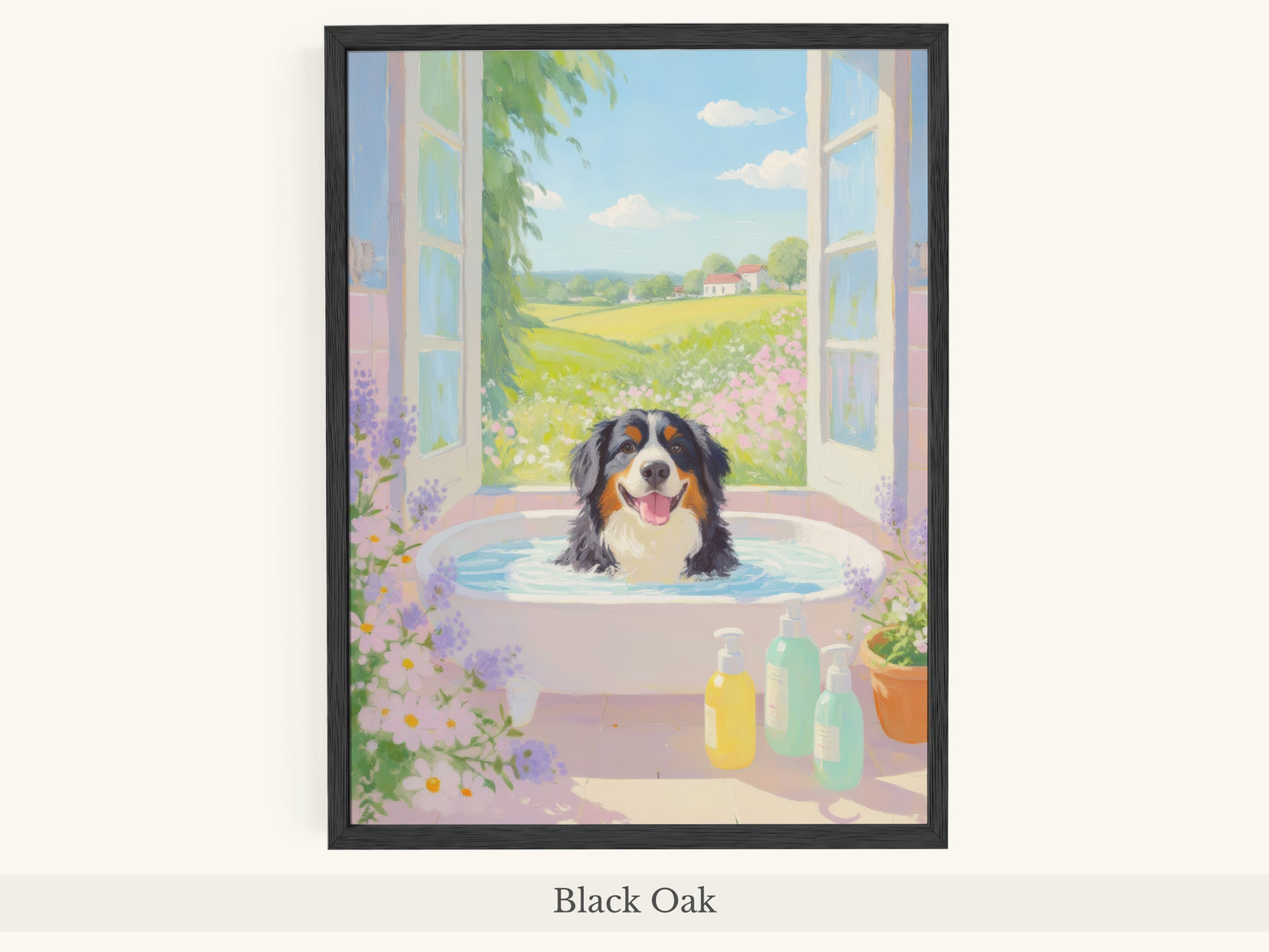 Bernese Dog Pink Bathtub Scene - Black Oak Frame