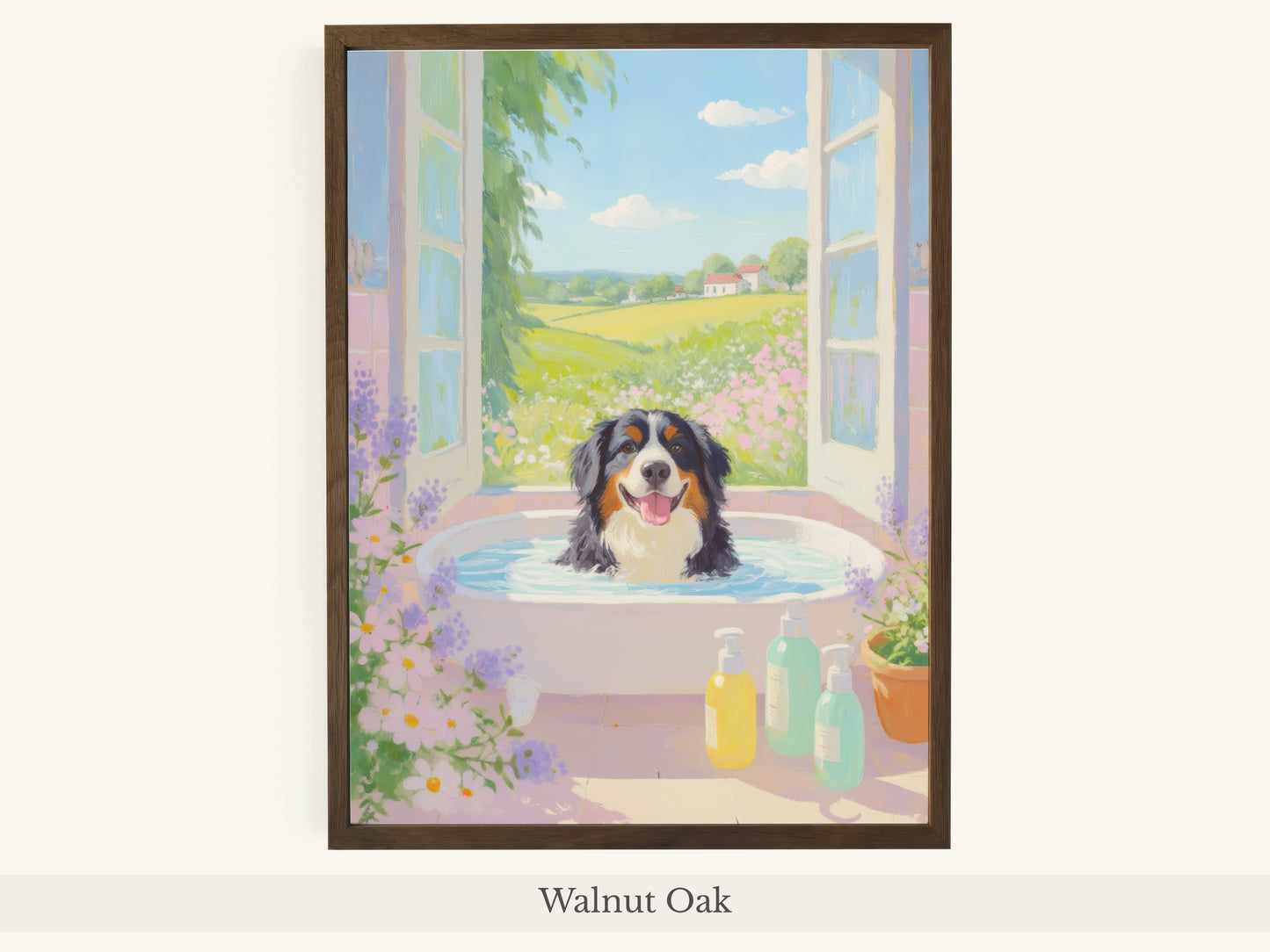 Bernese Dog Pink Bathtub Scene - Walnut Oak Frame