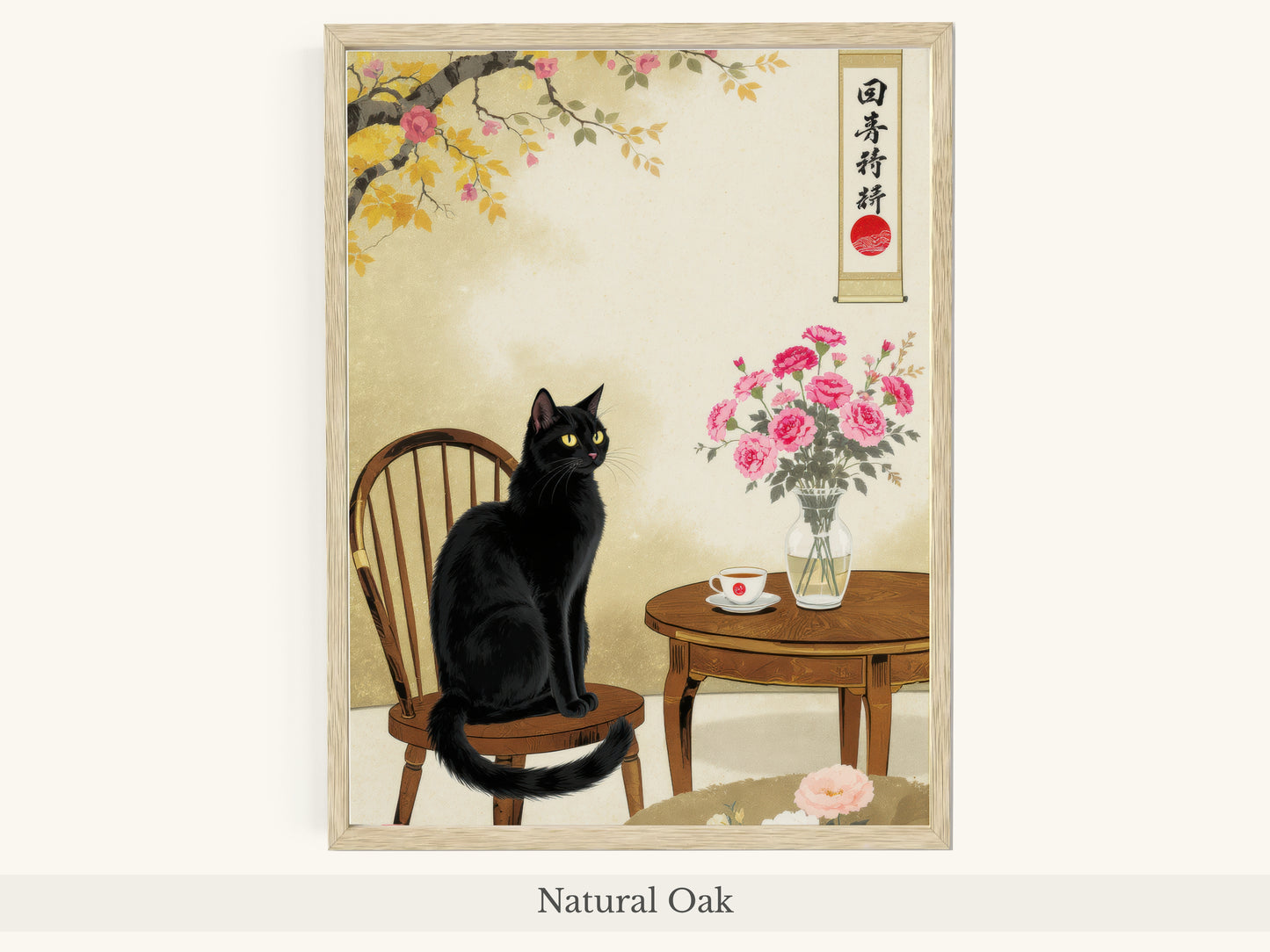 Black Cat Japanese Interior Cherry Blossoms - Natural Oak Frame
