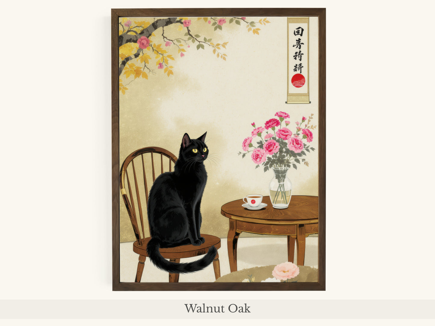 Black Cat Japanese Interior Cherry Blossoms - Walnut Oak Frame