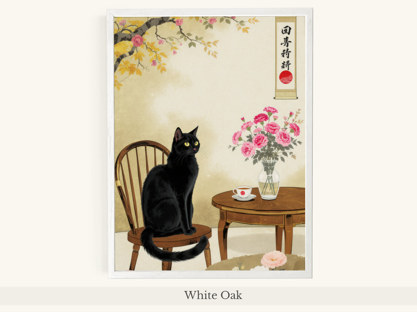 Black Cat Japanese Interior Cherry Blossoms - White Oak Frame