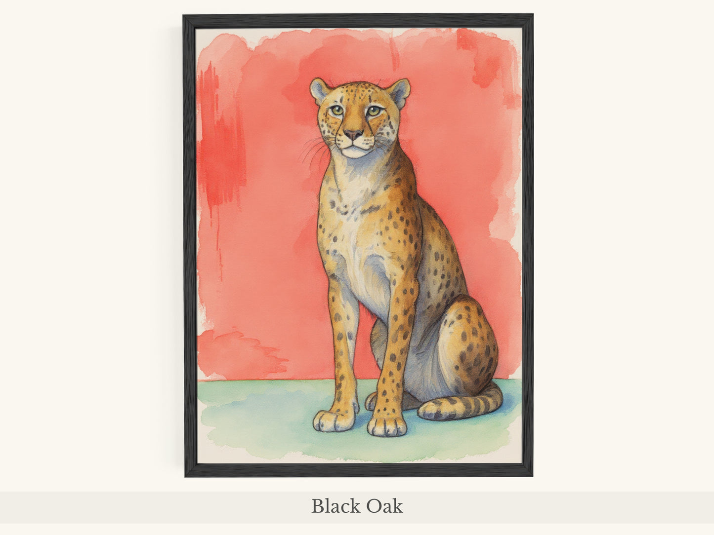 Cheetah Portrait Coral Background Art - Black Oak Frame