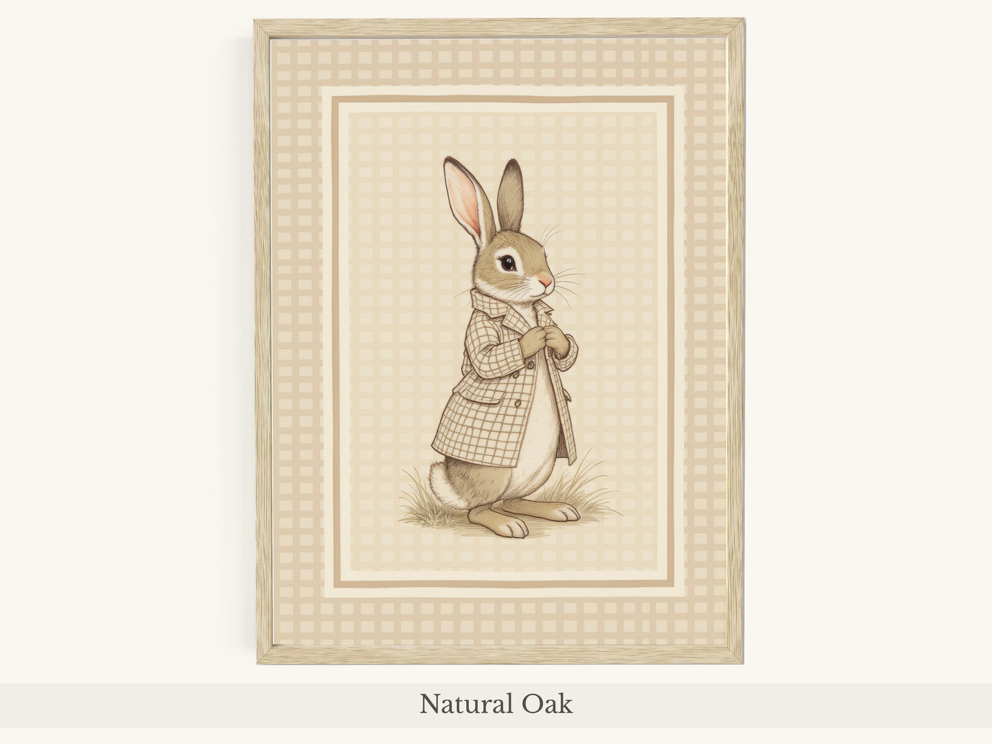 Rabbit Trench Coat Beige Gingham Art - Natural Oak Frame