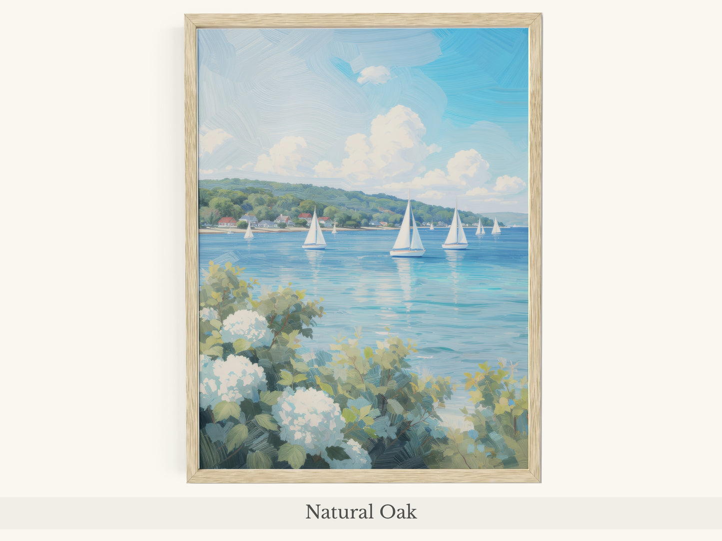 White Hydrangeas Sailboats Lake Scene - Natural Oak Frame