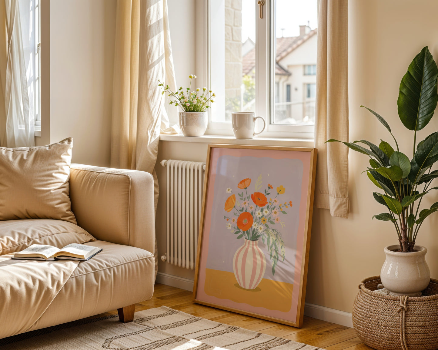Orange Poppies Pink Striped Vase