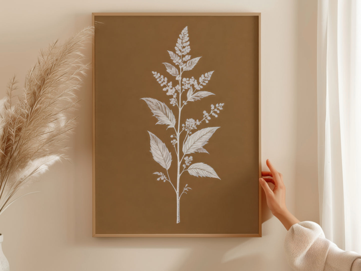 White Botanical Branch Brown Background