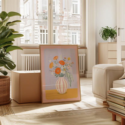 Orange Poppies Pink Striped Vase