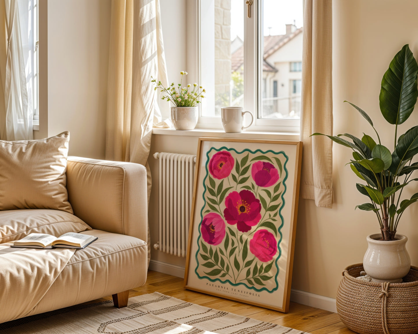 Magenta Peonies Teal Scalloped