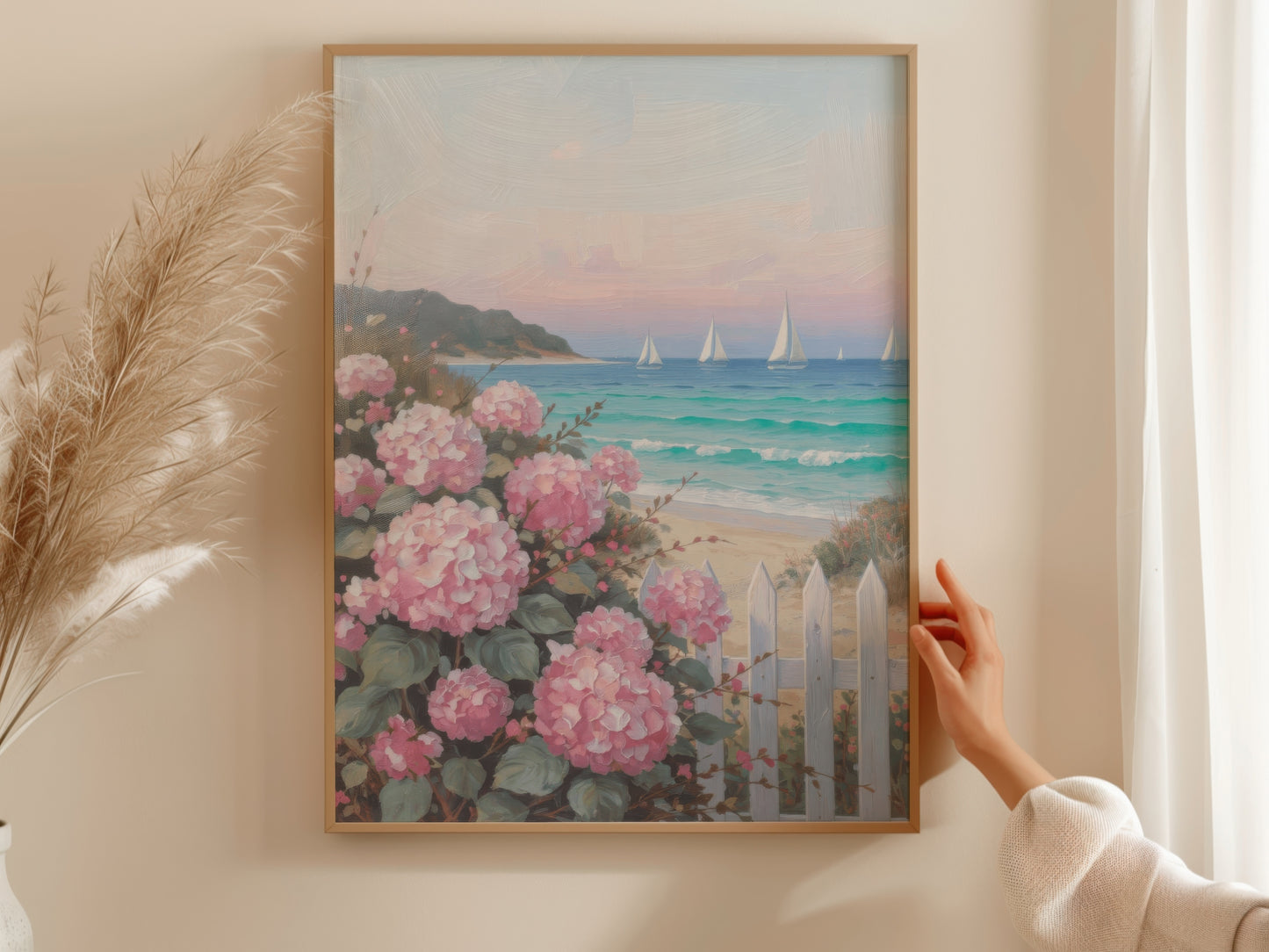 Pink Hydrangeas Sailboats Coastal
