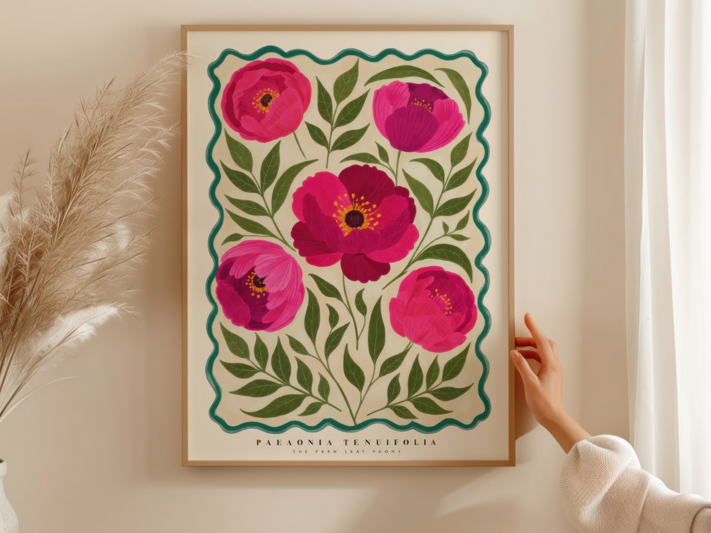 Magenta Peonies Teal Scalloped