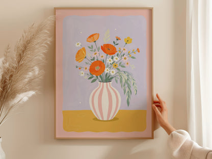 Orange Poppies Pink Striped Vase