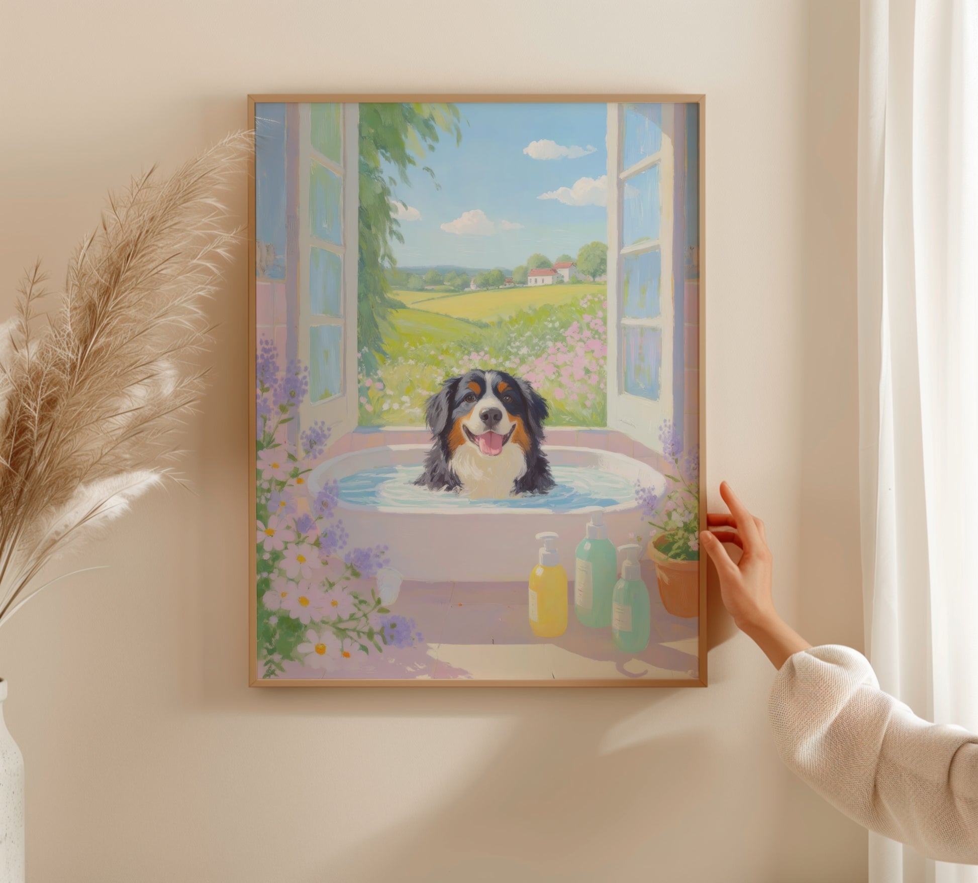 Bernese Dog Pink Bathtub Scene - Room Mockup