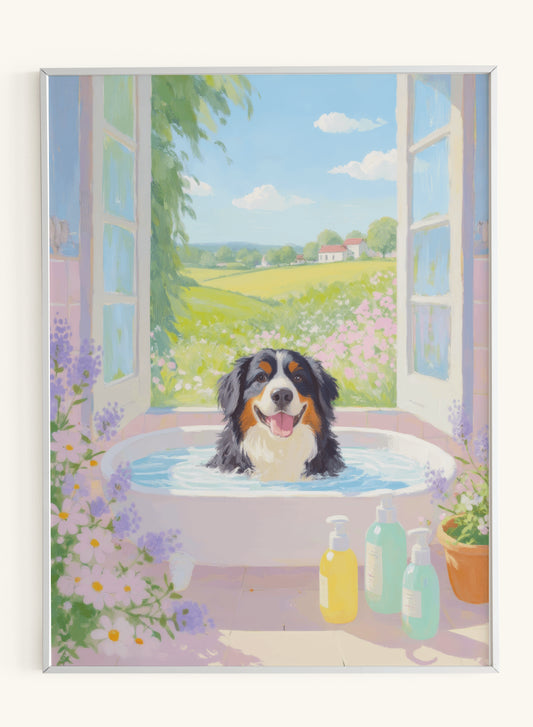 Bernese Dog Pink Bathtub Scene - Original Thumbnail