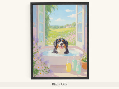 Bernese Dog Pink Bathtub Scene - Black Oak Frame
