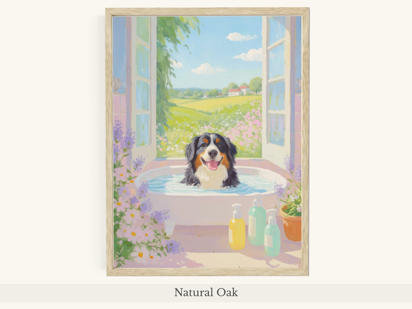 Bernese Dog Pink Bathtub Scene - Natural Oak Frame