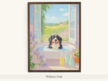 Bernese Dog Pink Bathtub Scene - Walnut Oak Frame