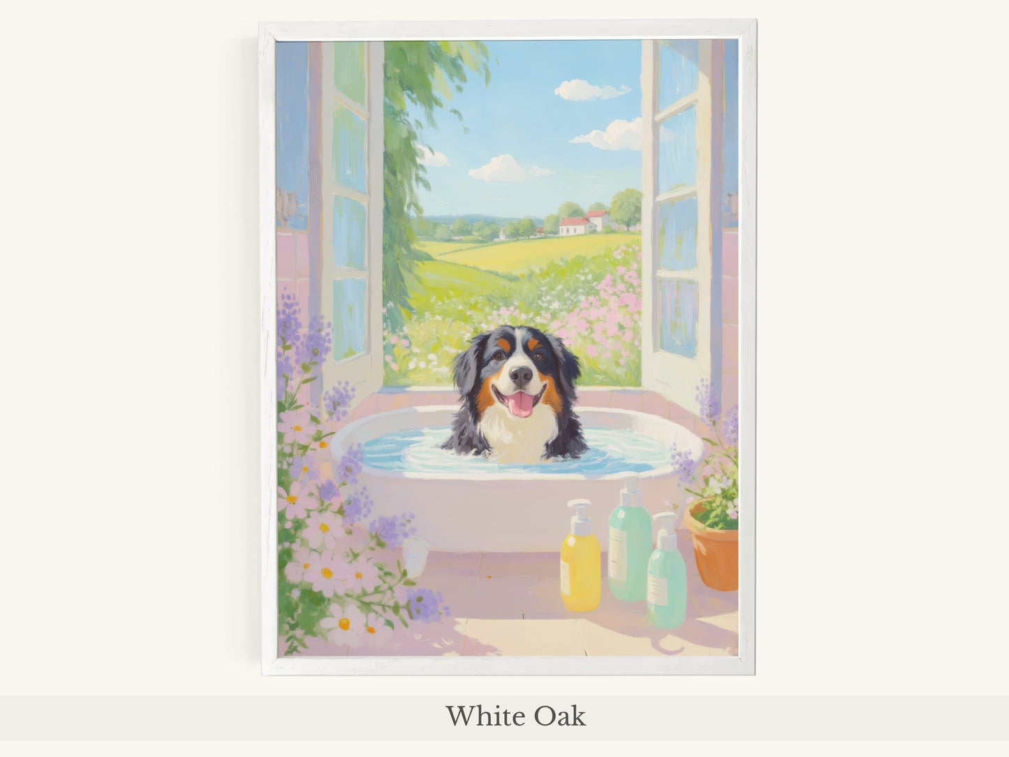 Bernese Dog Pink Bathtub Scene - White Oak Frame