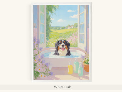 Bernese Dog Pink Bathtub Scene - White Oak Frame