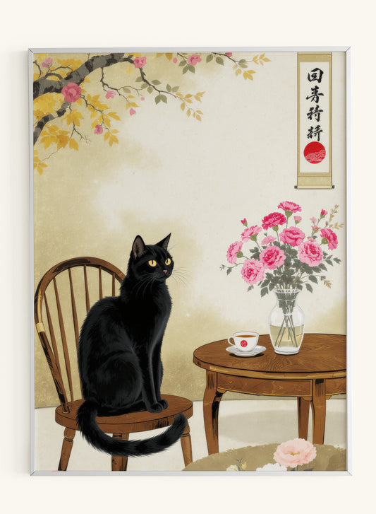 Black Cat Japanese Interior Cherry Blossoms - Original Thumbnail