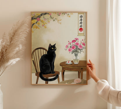 Black Cat Japanese Interior Cherry Blossoms - Room Mockup