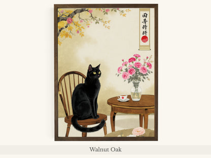 Black Cat Japanese Interior Cherry Blossoms - Walnut Oak Frame