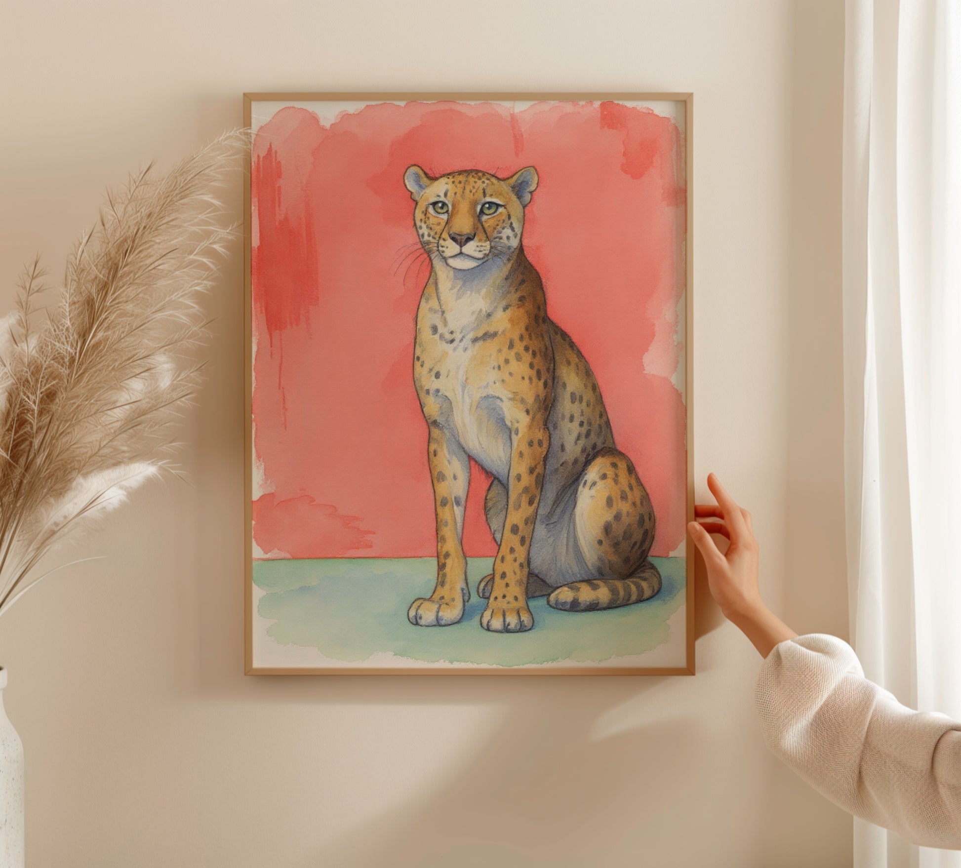 Cheetah Portrait Coral Background Art - Room Mockup