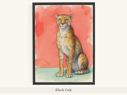 Cheetah Portrait Coral Background Art - Black Oak Frame