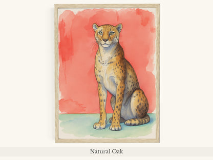 Cheetah Portrait Coral Background Art - Natural Oak Frame