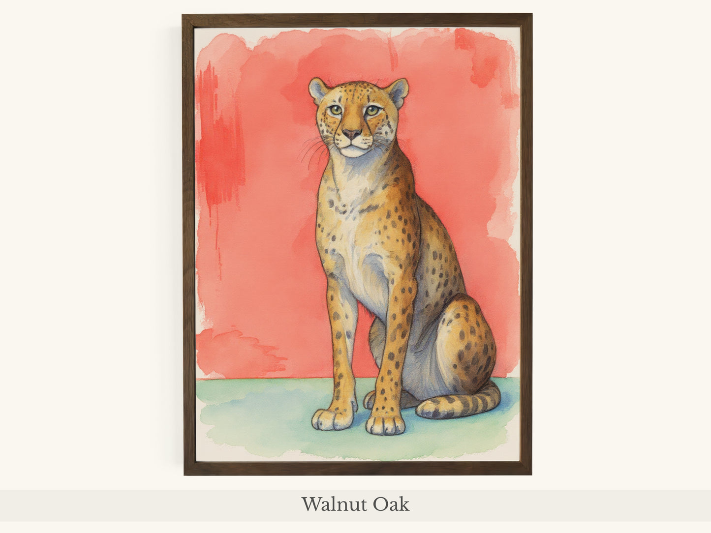 Cheetah Portrait Coral Background Art - Walnut Oak Frame