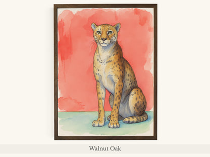 Cheetah Portrait Coral Background Art - Walnut Oak Frame