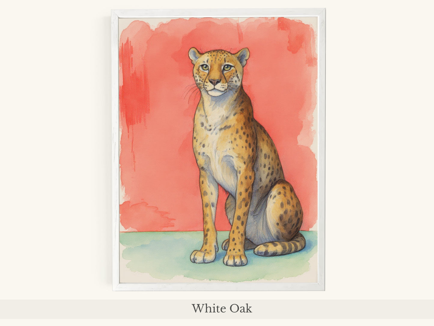 Cheetah Portrait Coral Background Art - White Oak Frame