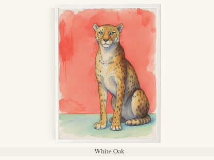 Cheetah Portrait Coral Background Art - White Oak Frame