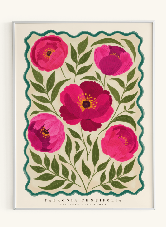 Magenta Peonies Teal Scalloped