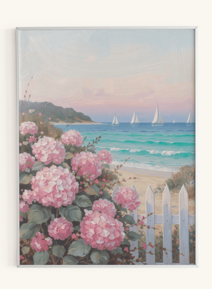 Pink Hydrangeas Sailboats Coastal
