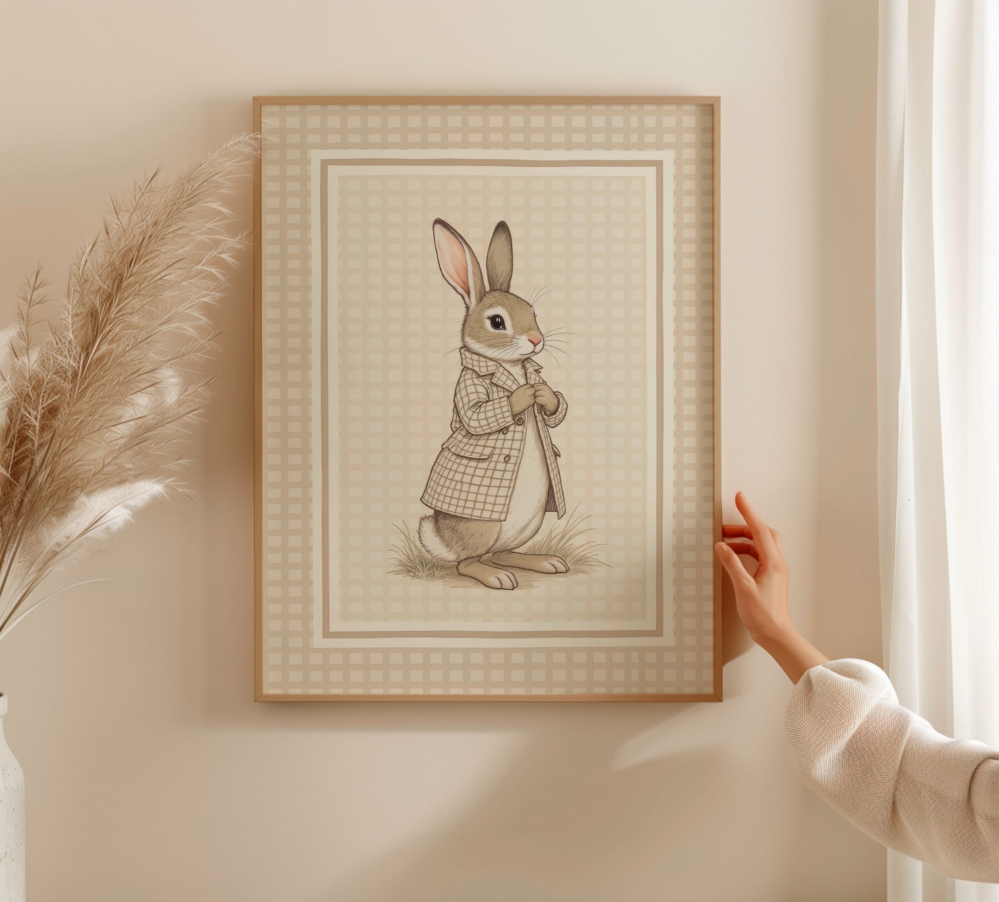 Rabbit Trench Coat Beige Gingham Art - Room Mockup