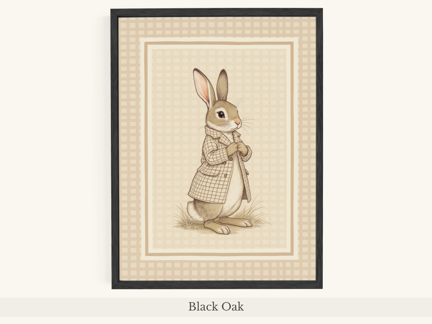 Rabbit Trench Coat Beige Gingham Art - Black Oak Frame