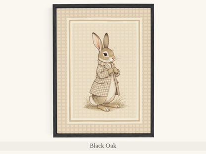 Rabbit Trench Coat Beige Gingham Art - Black Oak Frame