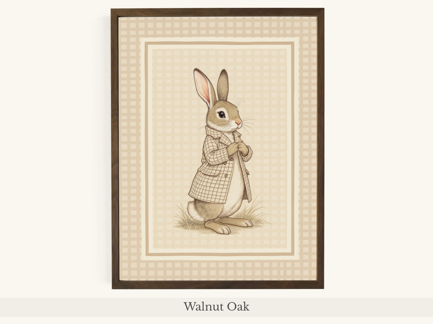 Rabbit Trench Coat Beige Gingham Art - Walnut Oak Frame