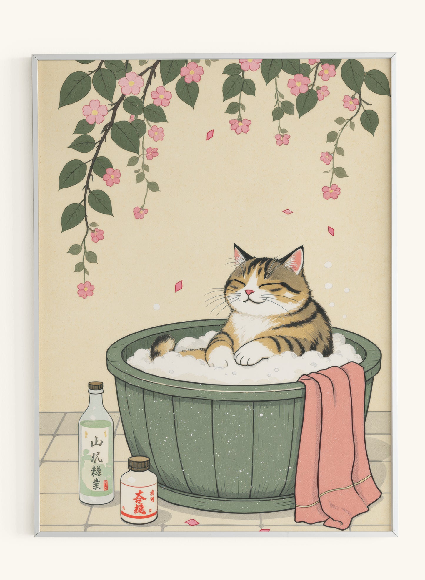Tabby Cat Japanese Bath Cherry Blossoms - Original Thumbnail