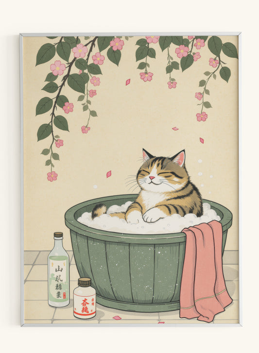 Tabby Cat Japanese Bath Cherry Blossoms - Original Thumbnail