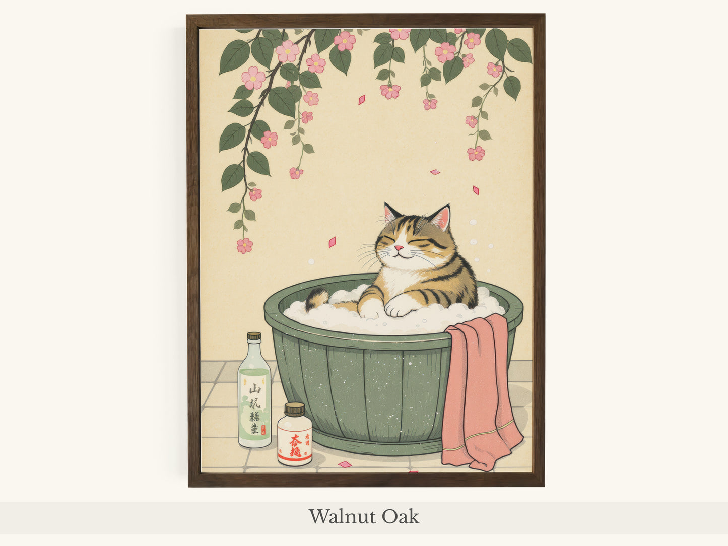 Tabby Cat Japanese Bath Cherry Blossoms - Walnut Oak Frame