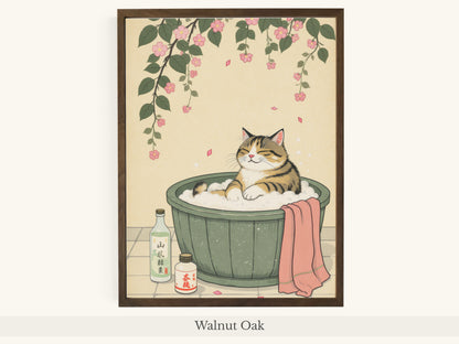 Tabby Cat Japanese Bath Cherry Blossoms - Walnut Oak Frame