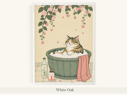 Tabby Cat Japanese Bath Cherry Blossoms - White Oak Frame