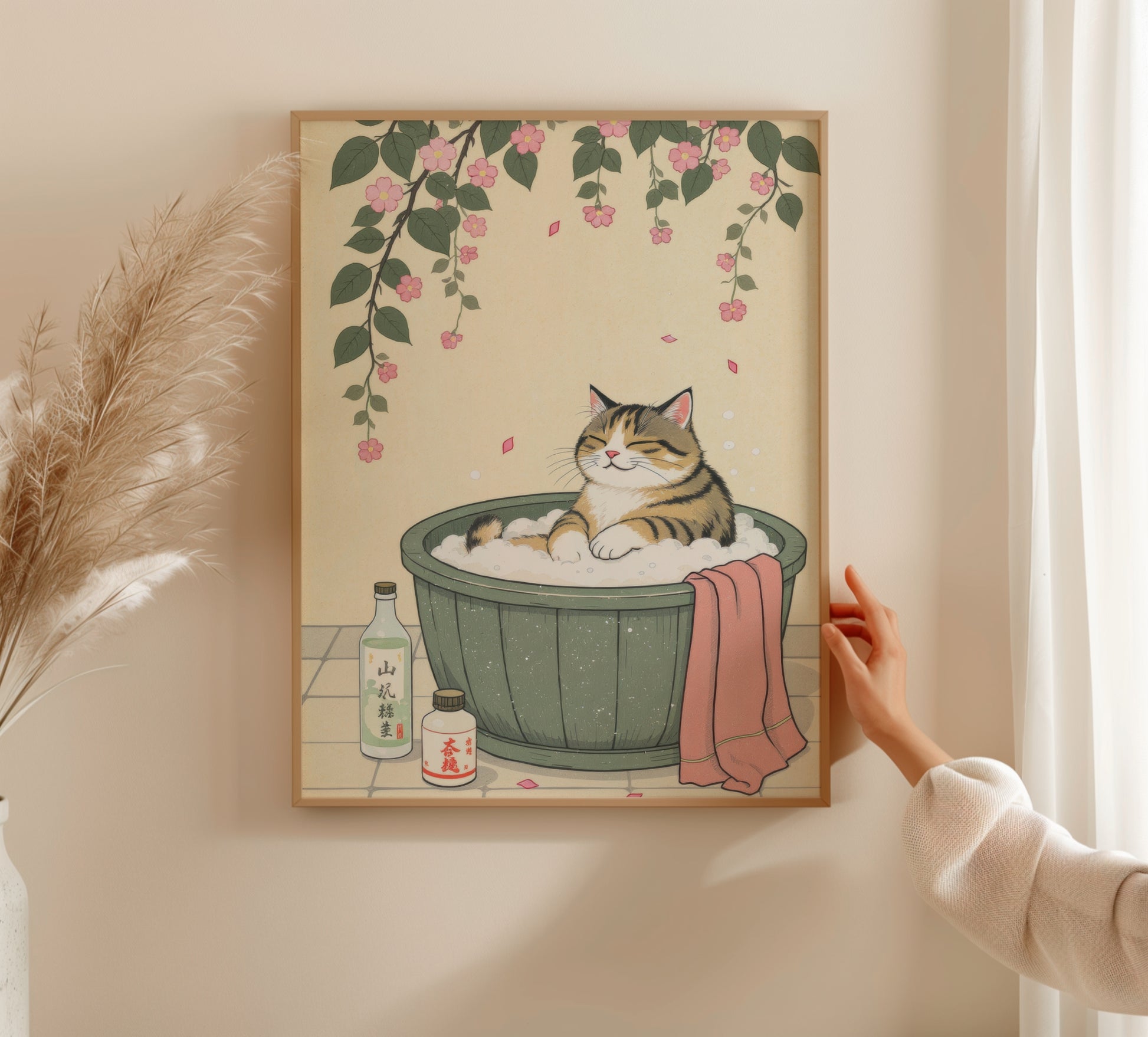 Tabby Cat Japanese Bath Cherry Blossoms - Room Mockup