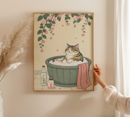 Tabby Cat Japanese Bath Cherry Blossoms - Room Mockup