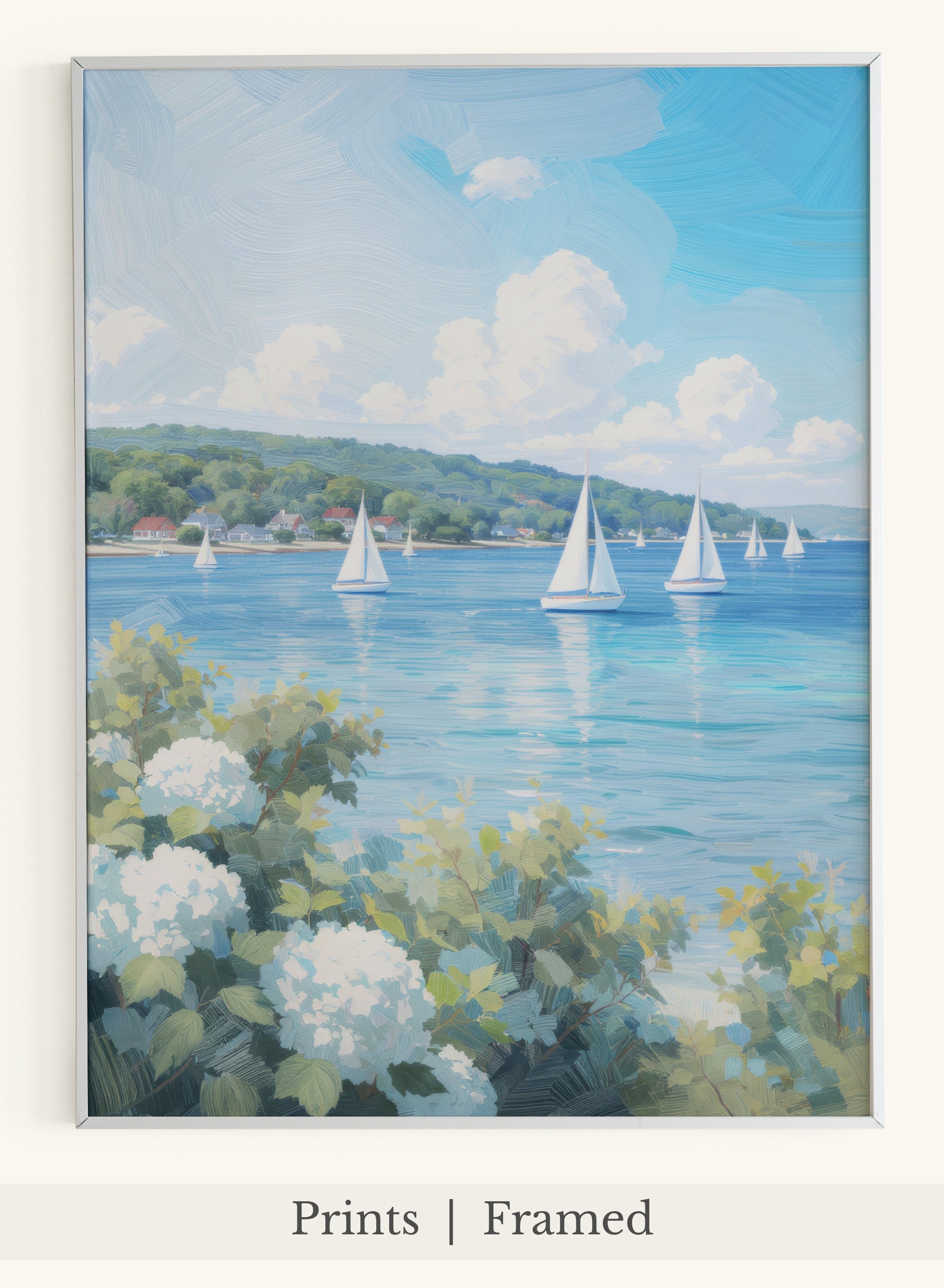 White Hydrangeas Sailboats Lake Scene - Main Thumbnail