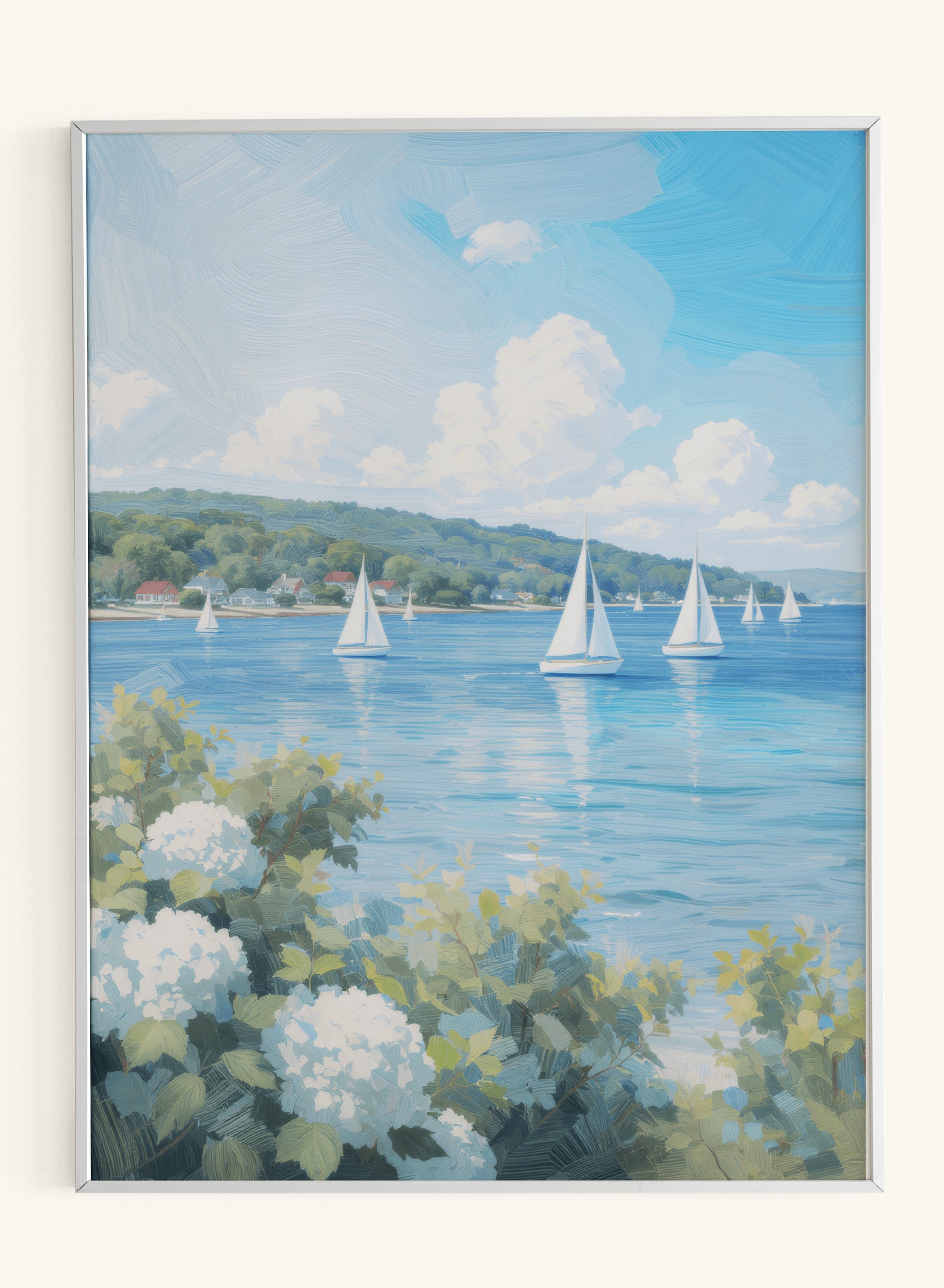 White Hydrangeas Sailboats Lake Scene - Original Thumbnail