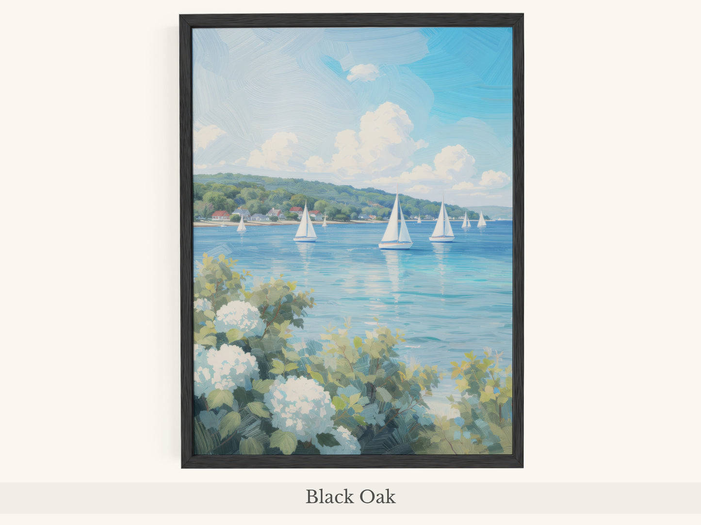 White Hydrangeas Sailboats Lake Scene - Black Oak Frame