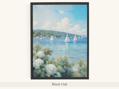 White Hydrangeas Sailboats Lake Scene - Black Oak Frame