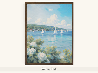 White Hydrangeas Sailboats Lake Scene - Walnut Oak Frame